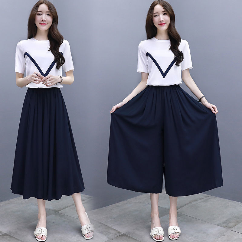 减龄套装短袖t恤女上衣2022夏季新款裤裙两件套时尚阔腿裤套装女