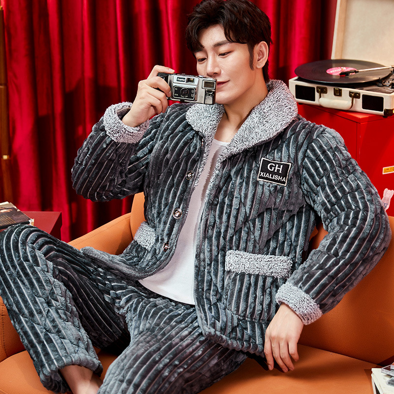 男士睡衣冬季珊瑚绒加厚加绒青年三层夹棉袄秋冬款保暖法兰家居服