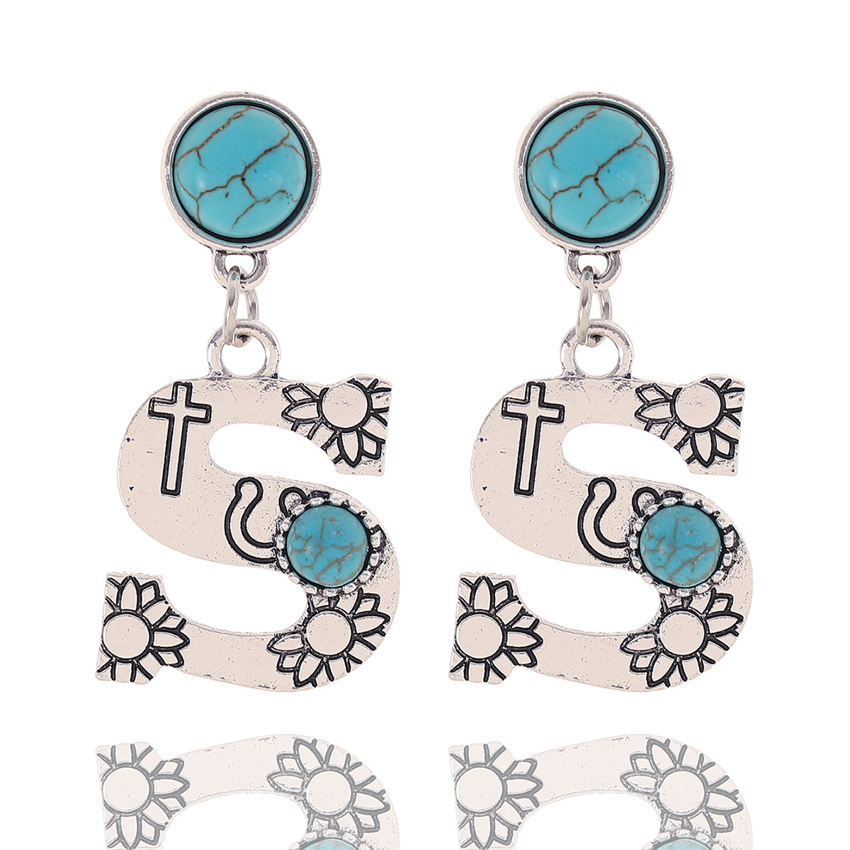 Western Denim Style Sunflower Cactus Zinc Alloy Natural Turquoise Earrings Ear Studs English Letters Cross-Border