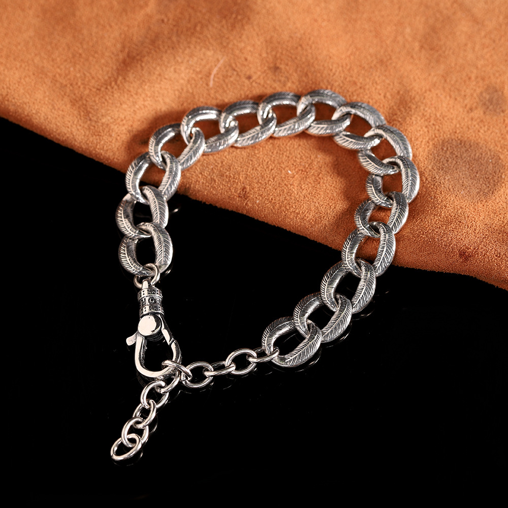 人品银品 泰银复古手饰s925银饰品个性精工男士羽毛纹理手链 潮流