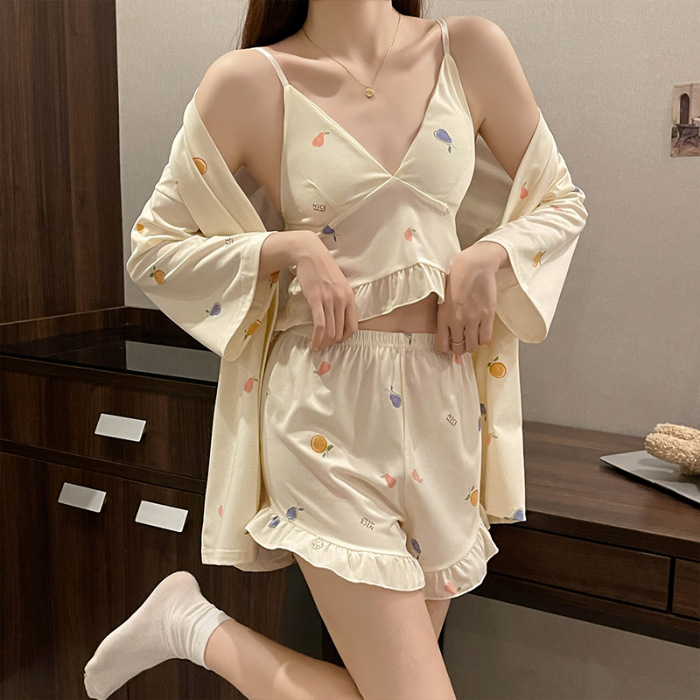 Women's Suspender Pajamas Summer 2024 New Spring and Summer Small Sexy with Breast Pad Pink Long Sleeve Coat Shorts Three-Piece Set