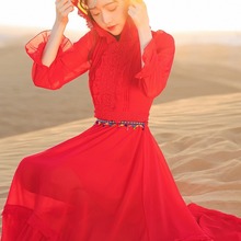 红色V领度假裙超仙复古民族风雪纺长裙连衣裙