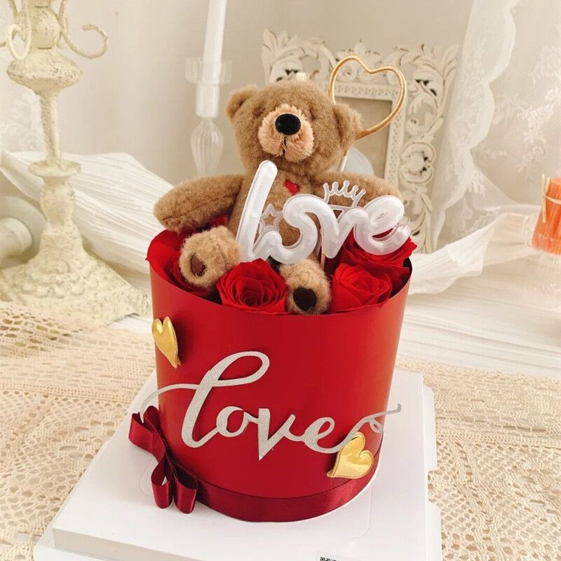 妇女节小红书同款蛋糕装饰1314 love发光灯摆件韩系毛绒小熊摆件