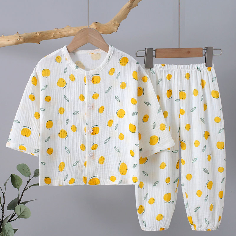 Spring Summer Cotton Gauze Boys and Girls Pajamas Long-Sleeved Children's Korean-Style Spring and Autumn Homewear Baby Suit Wholesale