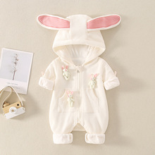 春季婴儿衣服网红女宝宝韩版双层连体衣婴幼儿可爱小兔子连帽哈衣