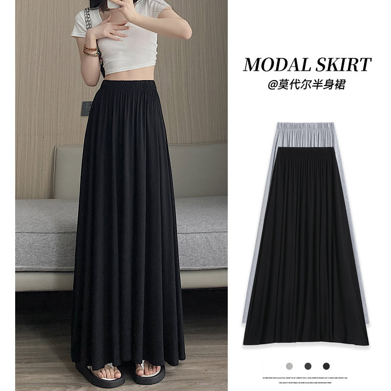 Black Modal Skirt Women's Summer Thin 2023 New High Waist Cover Slim Fit Small A- line Dress