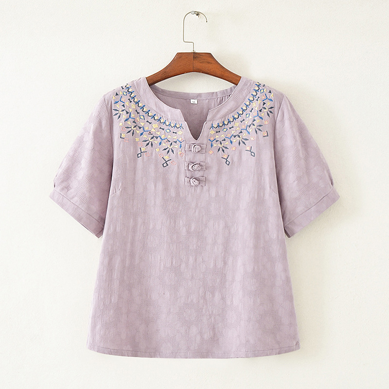 小v领绣花提花棉麻短袖t恤女盘扣圆领夏季上衣老年女装加大码夏装