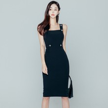 韩版气质中长款纽扣性感吊带裙 跨境2024夏季新款修身包臀连衣裙