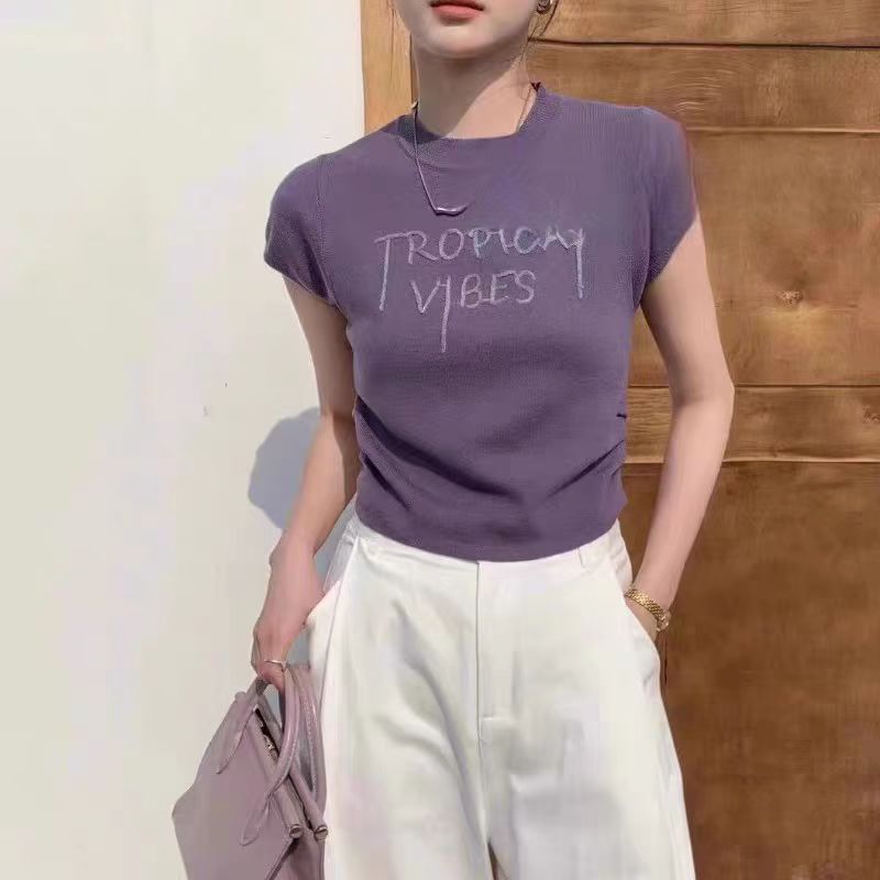 2024春夏新款字母刺绣短袖针织t恤女修身显瘦短款褶皱针织衫上衣