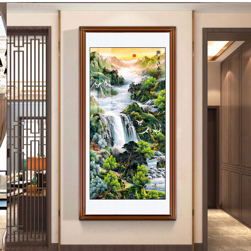 入户进门玄关画寓意好的山水画新中式流水生财挂画走廊过道装饰画