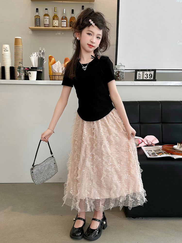 女童亮片蛋糕裙套装儿童半身纱裙中长款短袖公主裙两件套韩版洋气