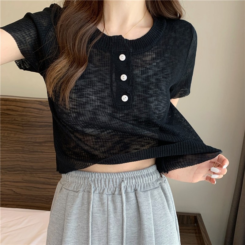 工厂现货黄色竹节麻少女纽扣半开胸薄款短袖针织衫甜美风短款上衣