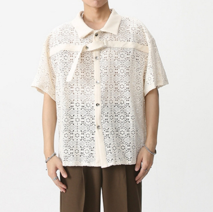 男士小众镂空蕾丝衬衫t恤外贸男装网眼透视夜店风性感短袖上衣男