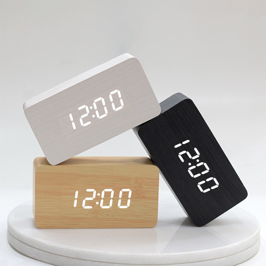 长方形复古木头钟声控电子钟静音创意led懒人三组闹钟便携闹钟