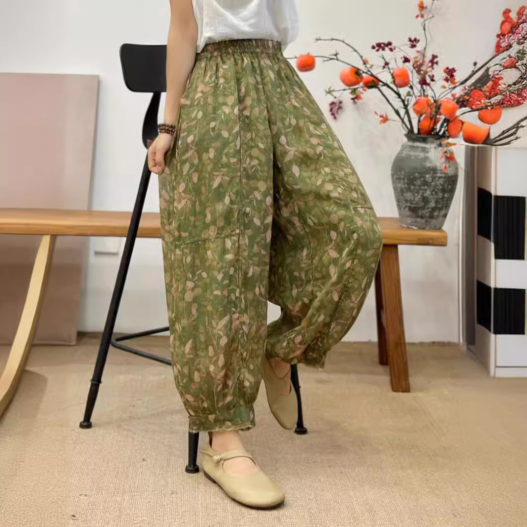 大码苎麻哈伦裤2024夏季新款宽松毛边高腰女裤文艺复古碎花裤透气