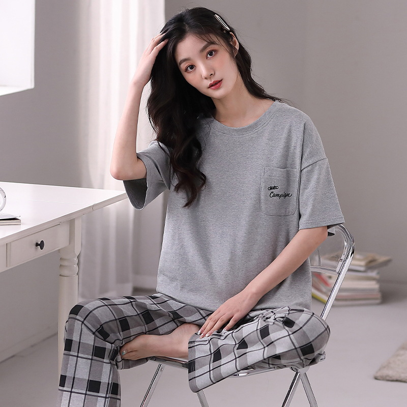 Pajamas Women's Summer Short-Sleeved Trousers Spring and Autumn Solid Color Cotton Korean Style New Thin Summer Cute 2023 Ladies' Homewear