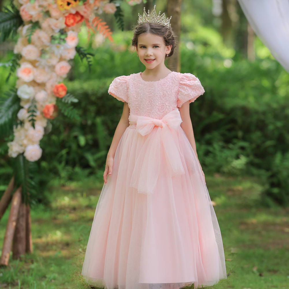 欧美跨境新款儿童公主裙大童长款连衣裙钢琴演出服蓬蓬网纱童礼服
