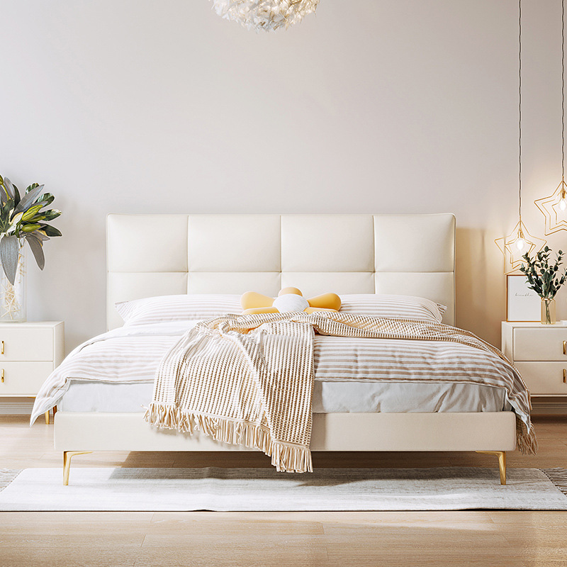 可定制颜色真皮床轻奢现代简约软床主卧大床高脚双人床头层牛皮床