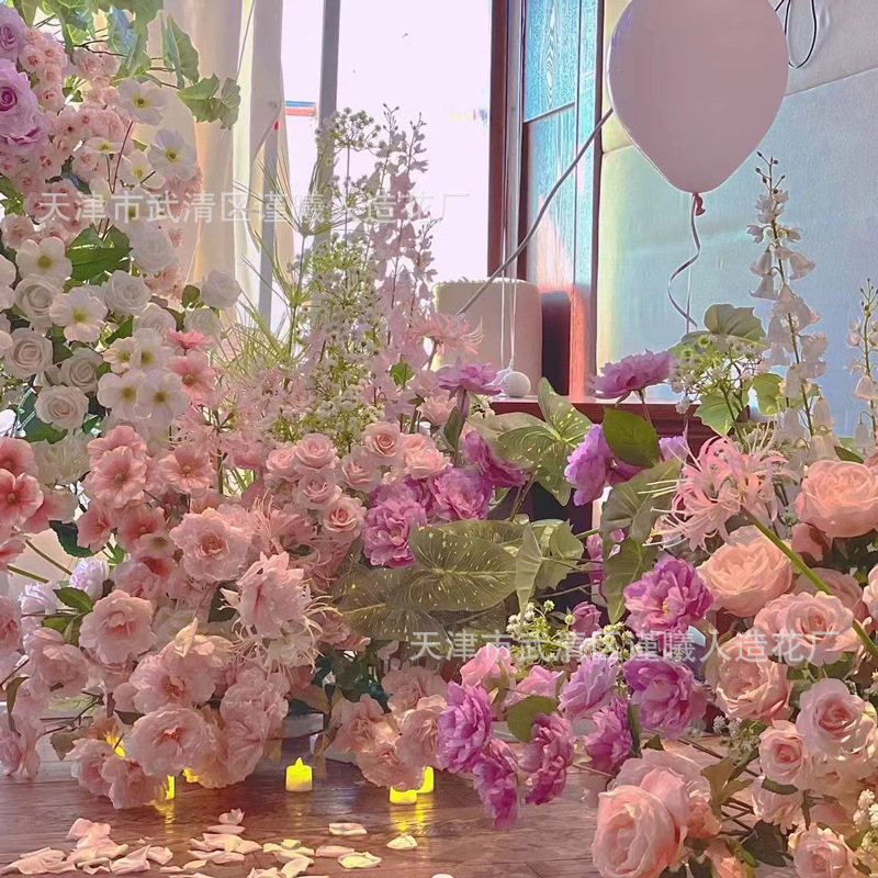 新款浪漫粉色系仿真花婚庆婚礼绢花吊顶地排路引花假花厂家批发