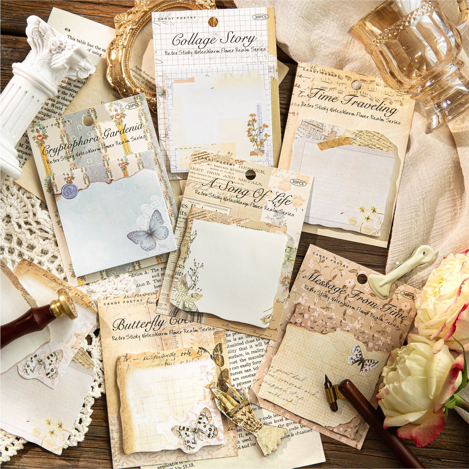 糖诗复古便利贴温暖花境系列植物留言记事备忘手帐diy装饰素材6款