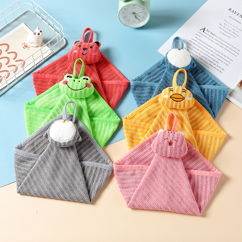 Simple Striped Soft Hand Towel Cute Animal Cotton Hanging Hand Towel Kitchen Absorbent Quick-Drying Hand Towel