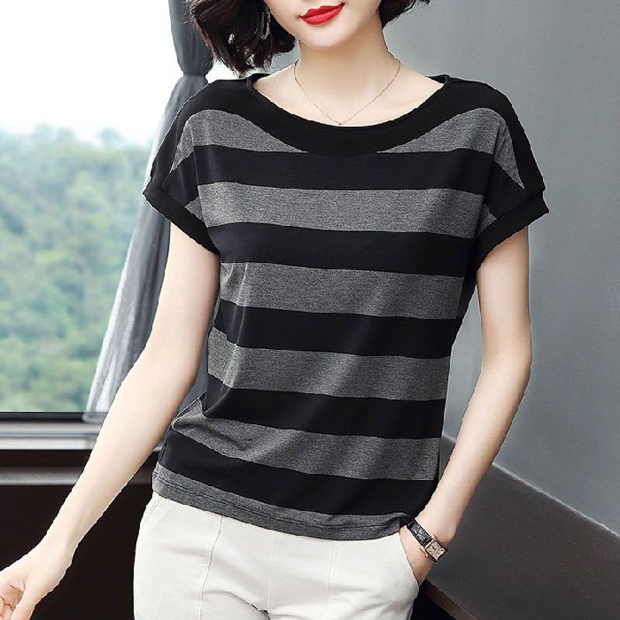 European Goods Short-Sleeved T-shirt Women's Summer Loose Striped Half Sleeve Shirt 2023 New Middle-Aged Mom Women's Top