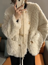 小香风羊羔毛外套女2023冬季新款小个子宽松加厚白色毛毛上衣棉服