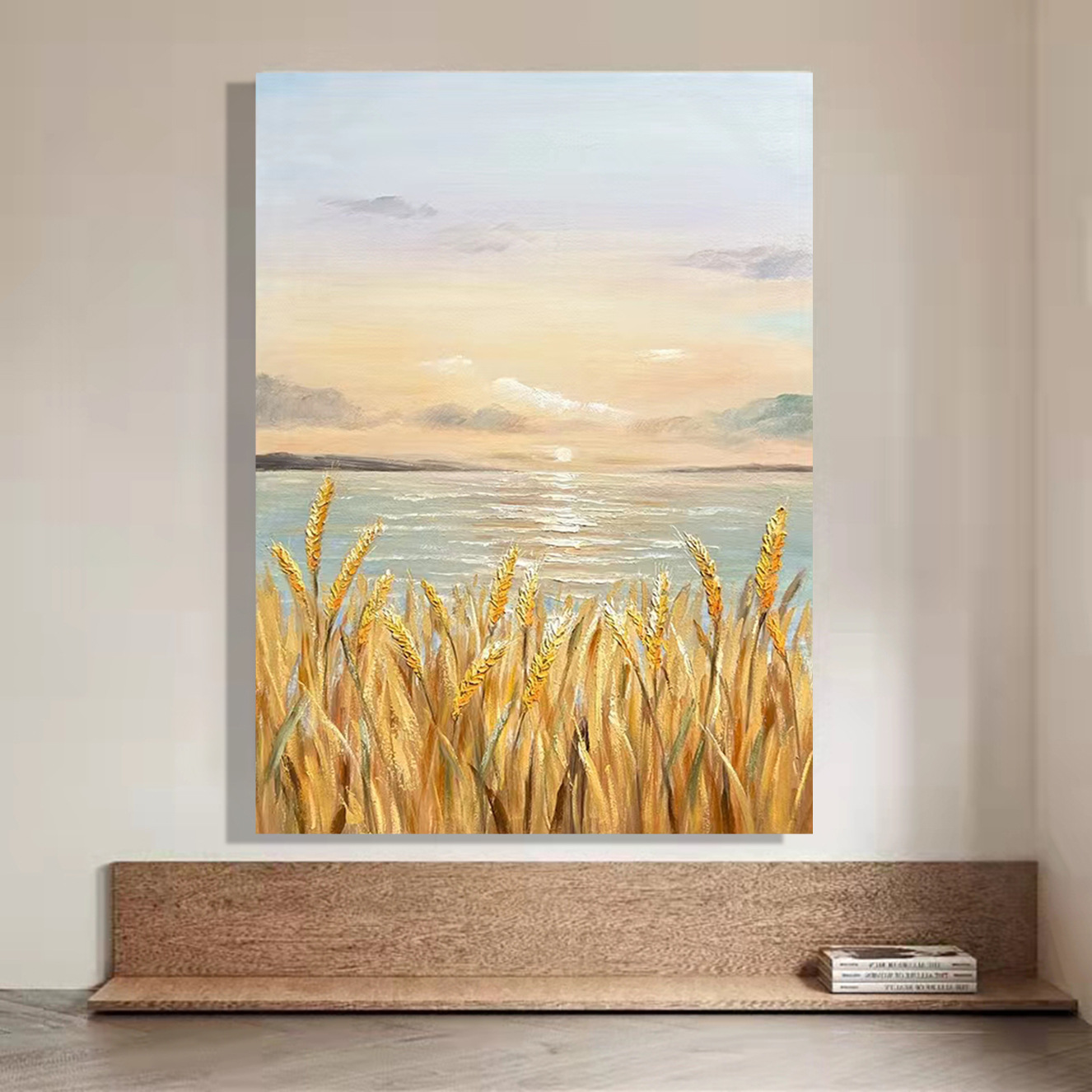 纯手绘金色麦田日出客厅餐厅油画玄关过道走廊轻奢抽象肌理装饰画