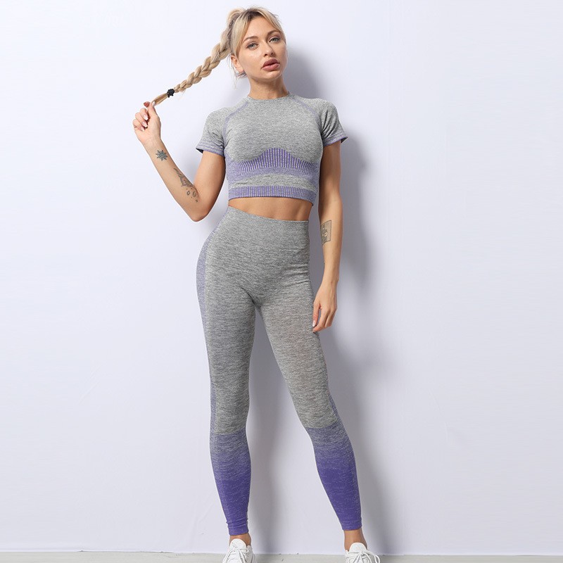 European and American Gradient Color Quick-Drying Seamless Yoga Suit Women's Short Sleeve Yoga Clothing Top Hip Lifting Sport Fitness Yoga Pants