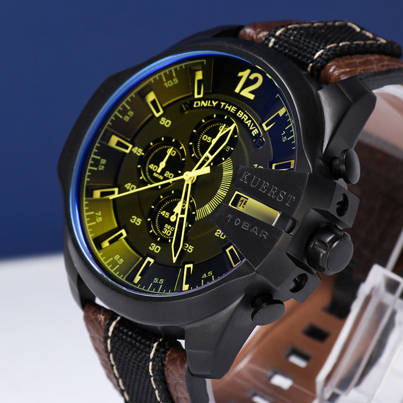 kuerst酷尔时顿大表盘男士手表牛皮表带精钢变色表防水石英手表男