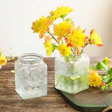 中式复古方形浮雕透明玻璃海棠花大号花瓶水养鲜花绿植干花插花器