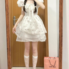 法式白色泡泡袖连衣裙女夏季蕾丝边气质仙女公主裙显瘦蓬蓬短裙子