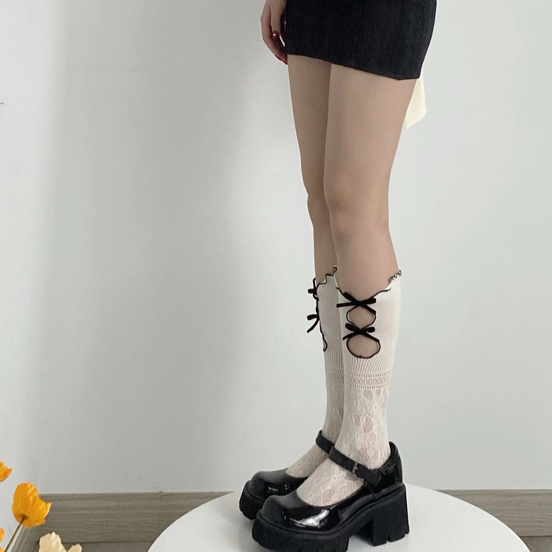 Water Same Style Cute Sweet Cool Double Layer Hollow Lace Flocking Bow Fishnet Stockings Socks Calf Socks Two-Way Wear