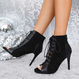 欧美时尚高跟凉鞋舞会派对舞蹈鞋系带鱼嘴性感凉靴大码露趾凉鞋