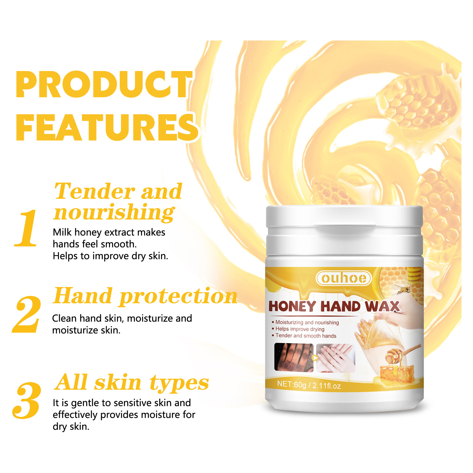 Ouhoe Honey Milk Hand Wax Mask Exfoliating Dead Skin Whitening Hand Care Hand Wax Mask Hydrating Moisturizing and Nourishing Skin