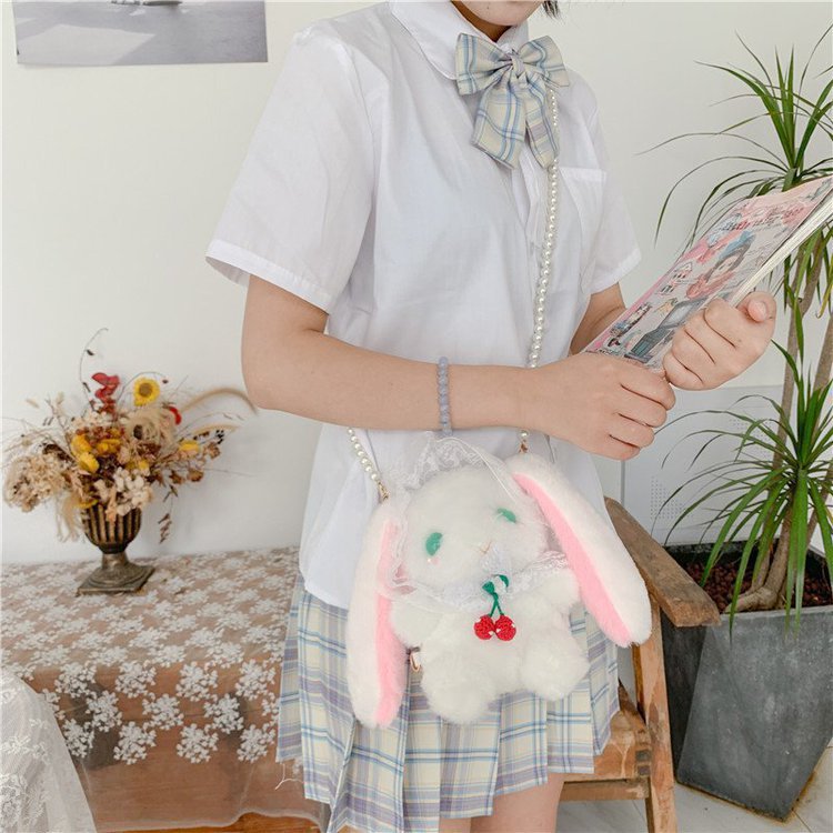 Cute Little White Rabbit Plush Bag Women 2021 Winter New Maiden Pearl Chain Bag Cartoon Shoulder Messenger Bag