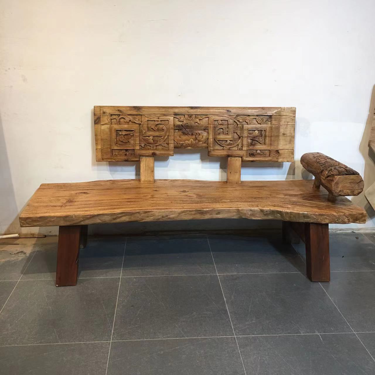 原生态实木沙发老樟木拆房料雕花靠背三人沙发懒人躺椅原木复古椅