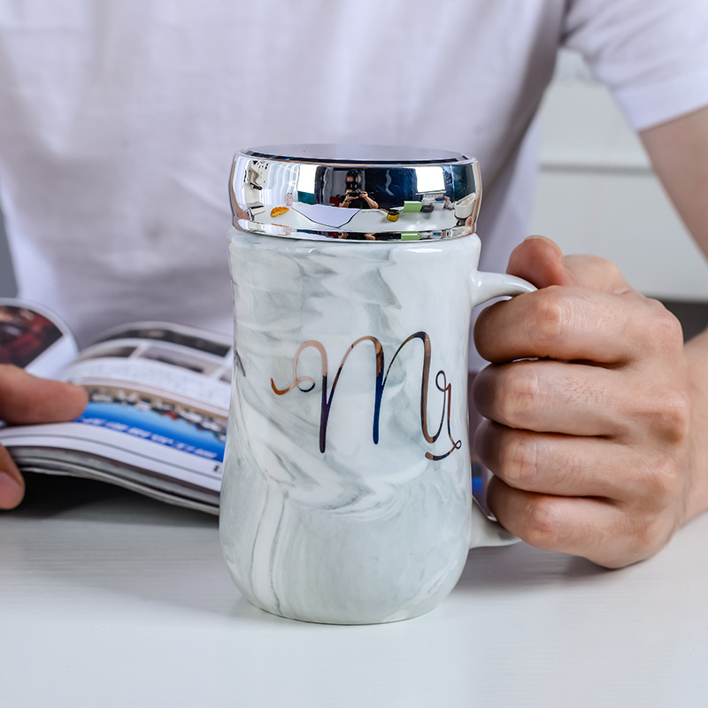 Gift Mug Printed Logo Ceramic Cup with Lid Marbling Mirror Couple's Cups Coffee Cup Warm-Keeping Water Cup