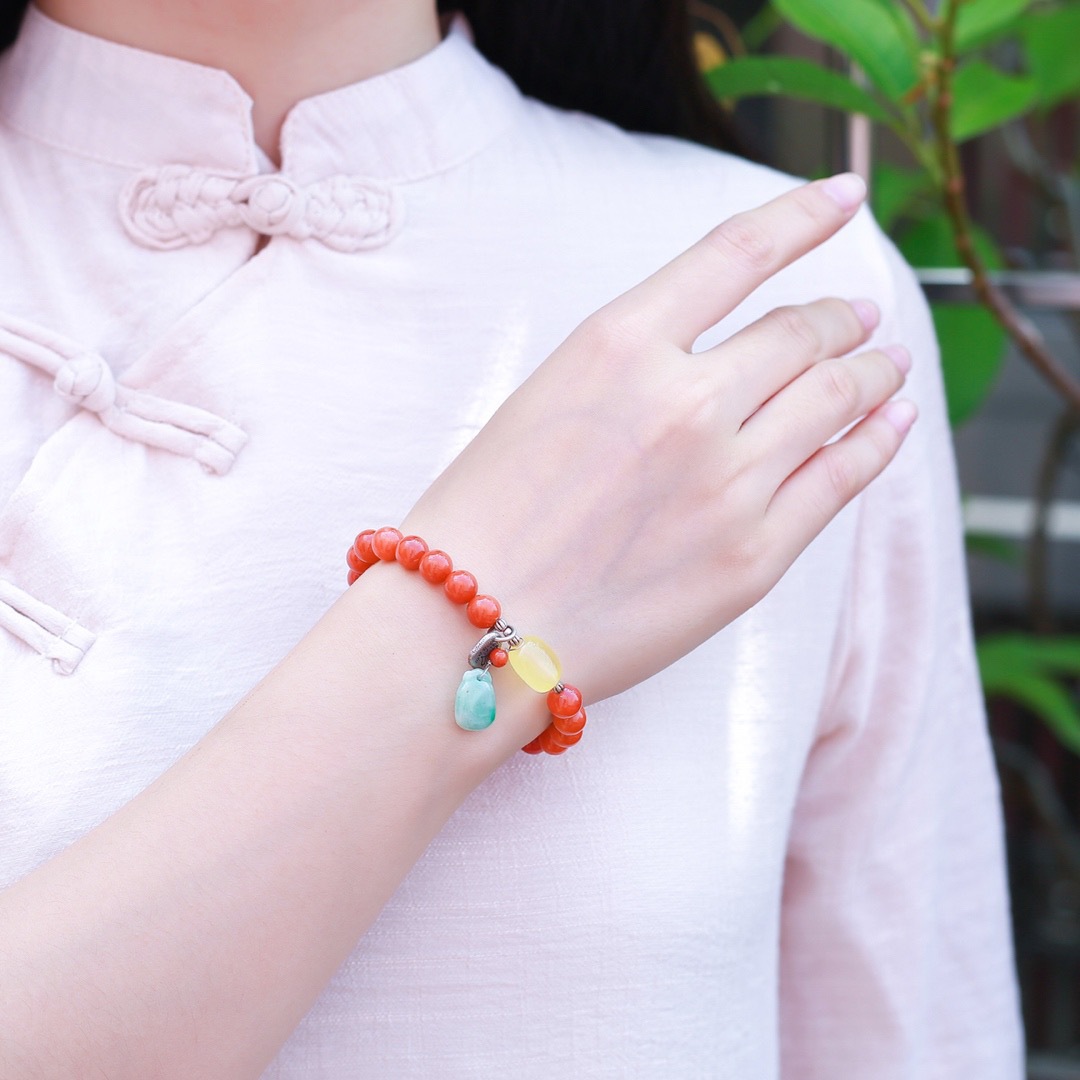 天然满肉柿子红南红手链原创单圈8.4mm水润色正搭配翡翠福贝手串