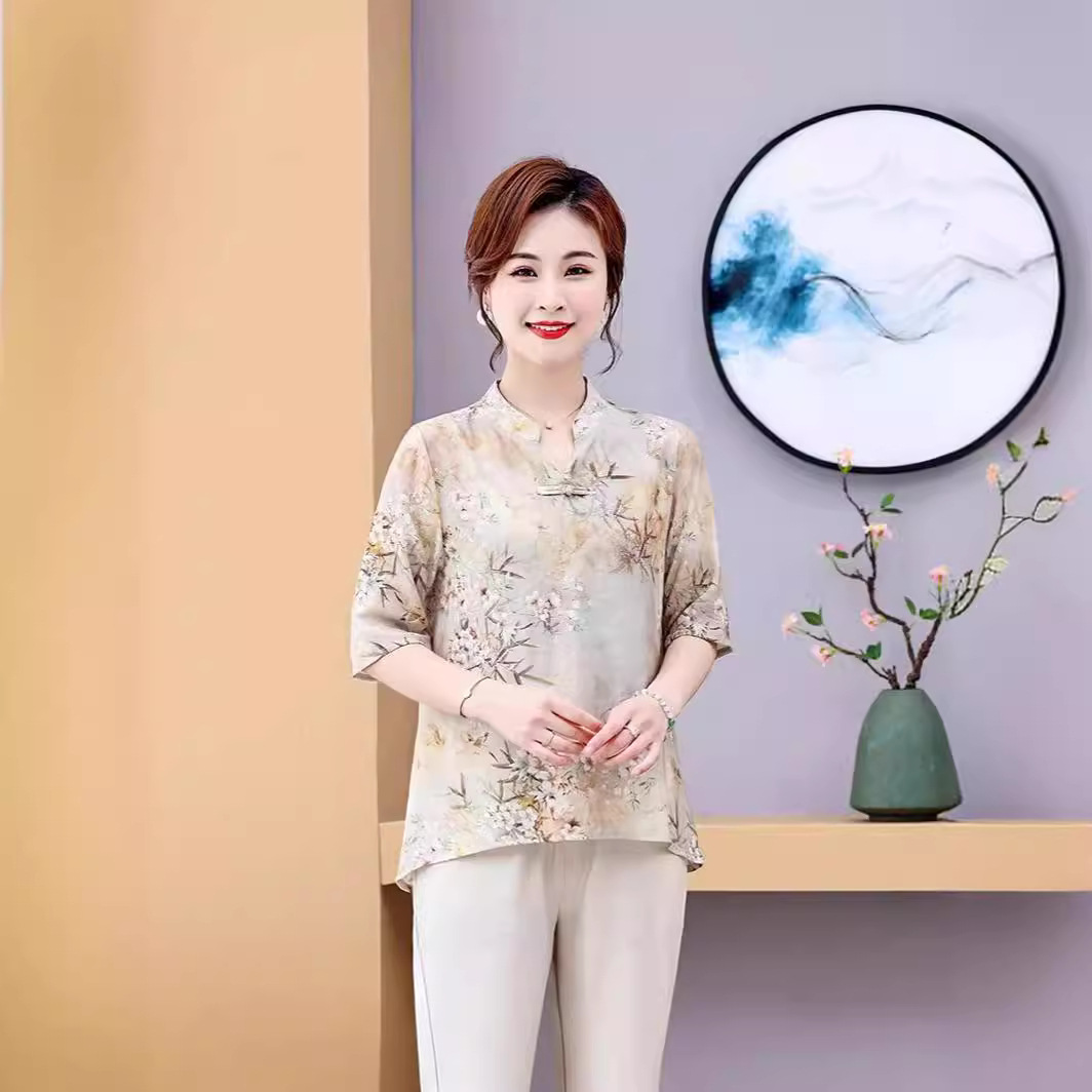 妈妈夏装2024新款上衣中袖雪纺衫中年女士宽松新中式印花盘扣衣服