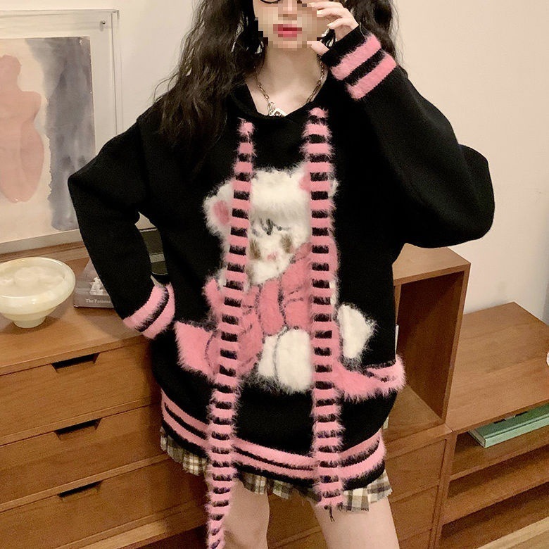 秋冬季多巴胺穿搭小众开衫连帽毛衣女可爱条纹拼色兔耳朵外套潮