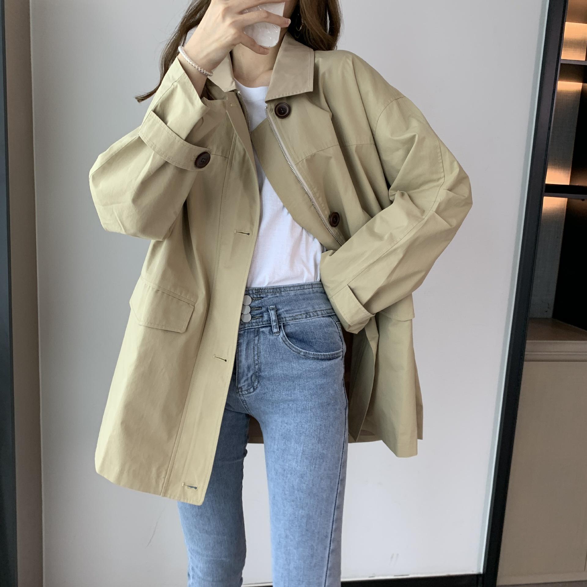 2022年新款风衣女小个子中长款外套 春季韩版卡其色百搭显瘦大衣