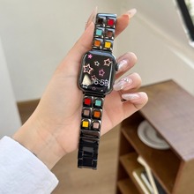 iwatch9七彩眼影盘小方格质感金属表带适用iwatch5678苹果手表se