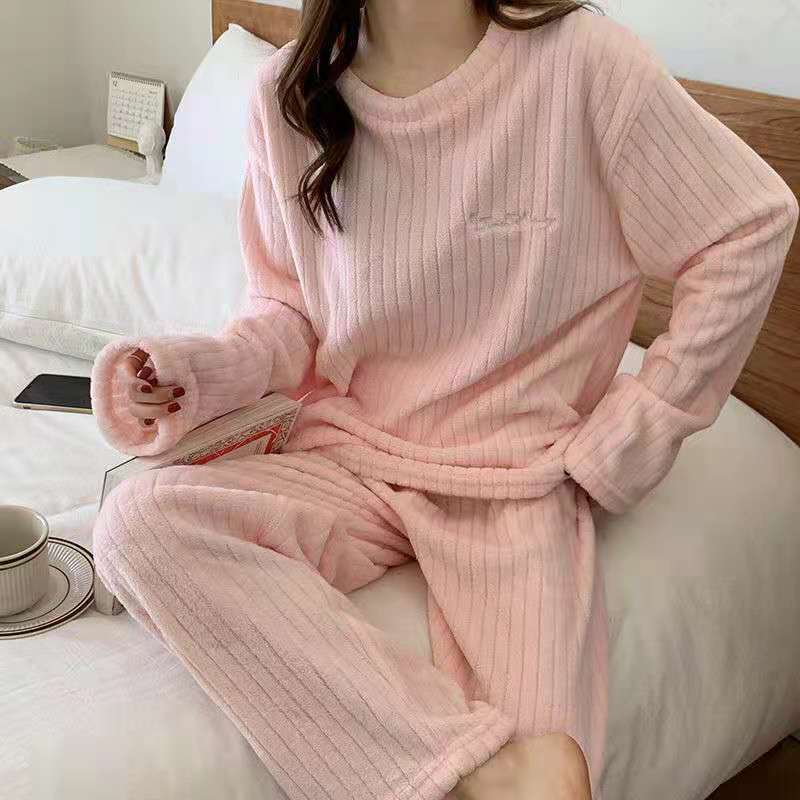 Warm Suit Women's Autumn and Winter Coral Velvet Pajamas Solid Color with Fur Home Wear Two-Piece Set New Fashion Striped Casual