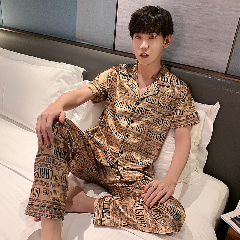 睡衣男夏季冰丝短袖长裤加肥加大码200斤宽松丝绸家居服套装春秋