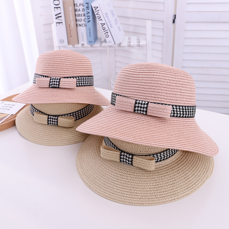 Summer Children's Travel Star Same Style Straw Hat Parent-Child Houndstooth Bucket Hat Sunshade Foldable Baby Beach Hat