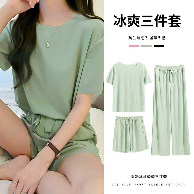 round-Neck Comfortable Pajamas Three-Piece Women's 2023 Spring and Summer New Loose Outfit Women's Casual Ice Silk Short Sleeve Homewear