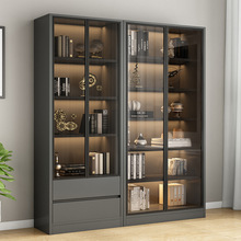 书柜带玻璃门全实木现代轻奢家用客厅一体整墙到顶书架展示柜