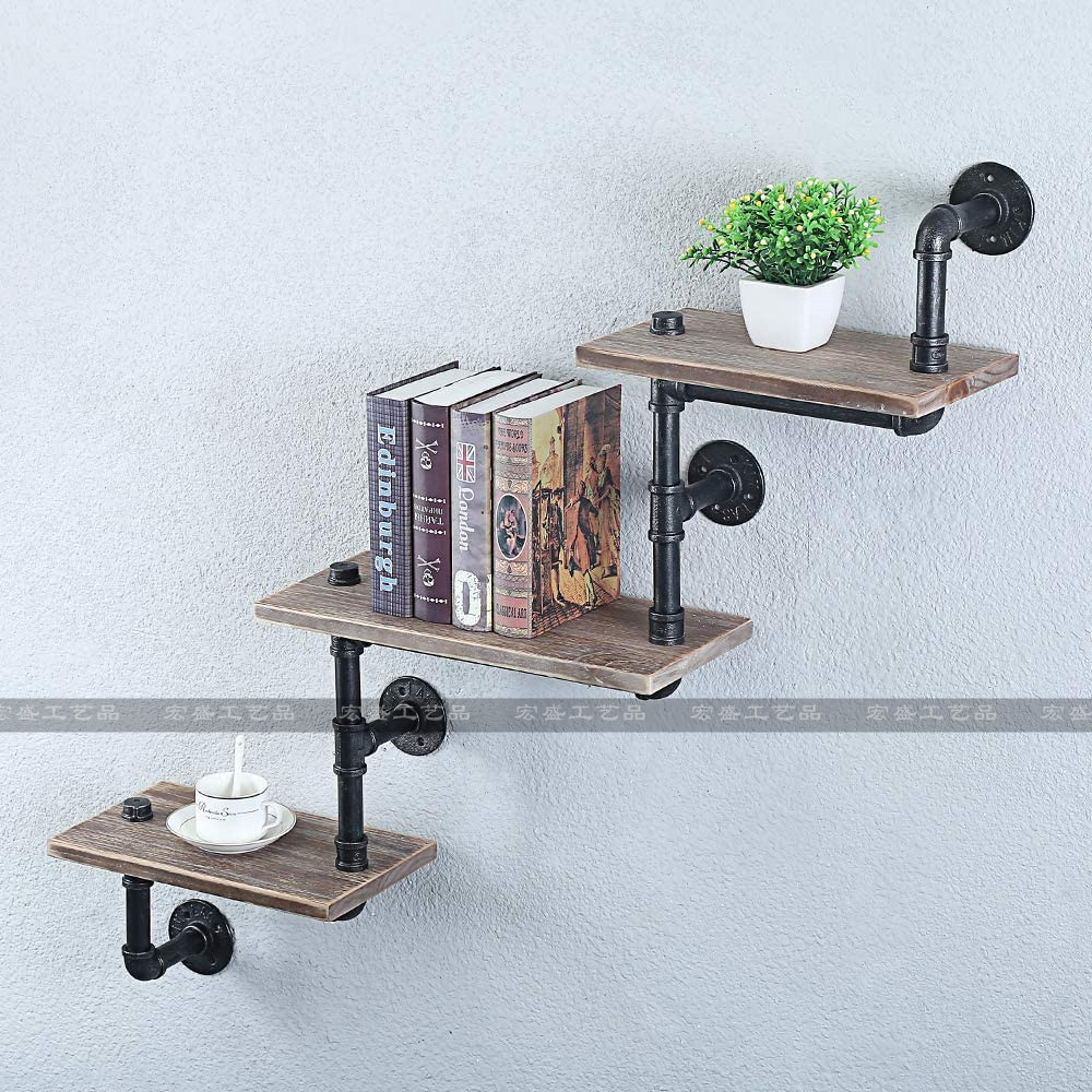 工业风水管铁艺置物架 墙体壁挂式搁板壁架 三层金属管架浮动书架