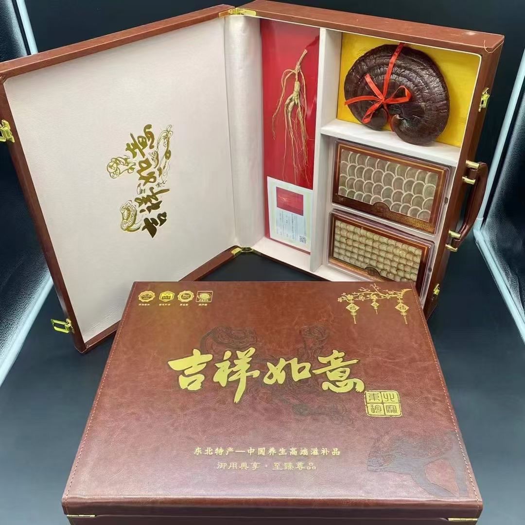 吉林长白山高档四宝礼盒林下灵芝鹿茸鹿鞭整支高年头林下参高端款